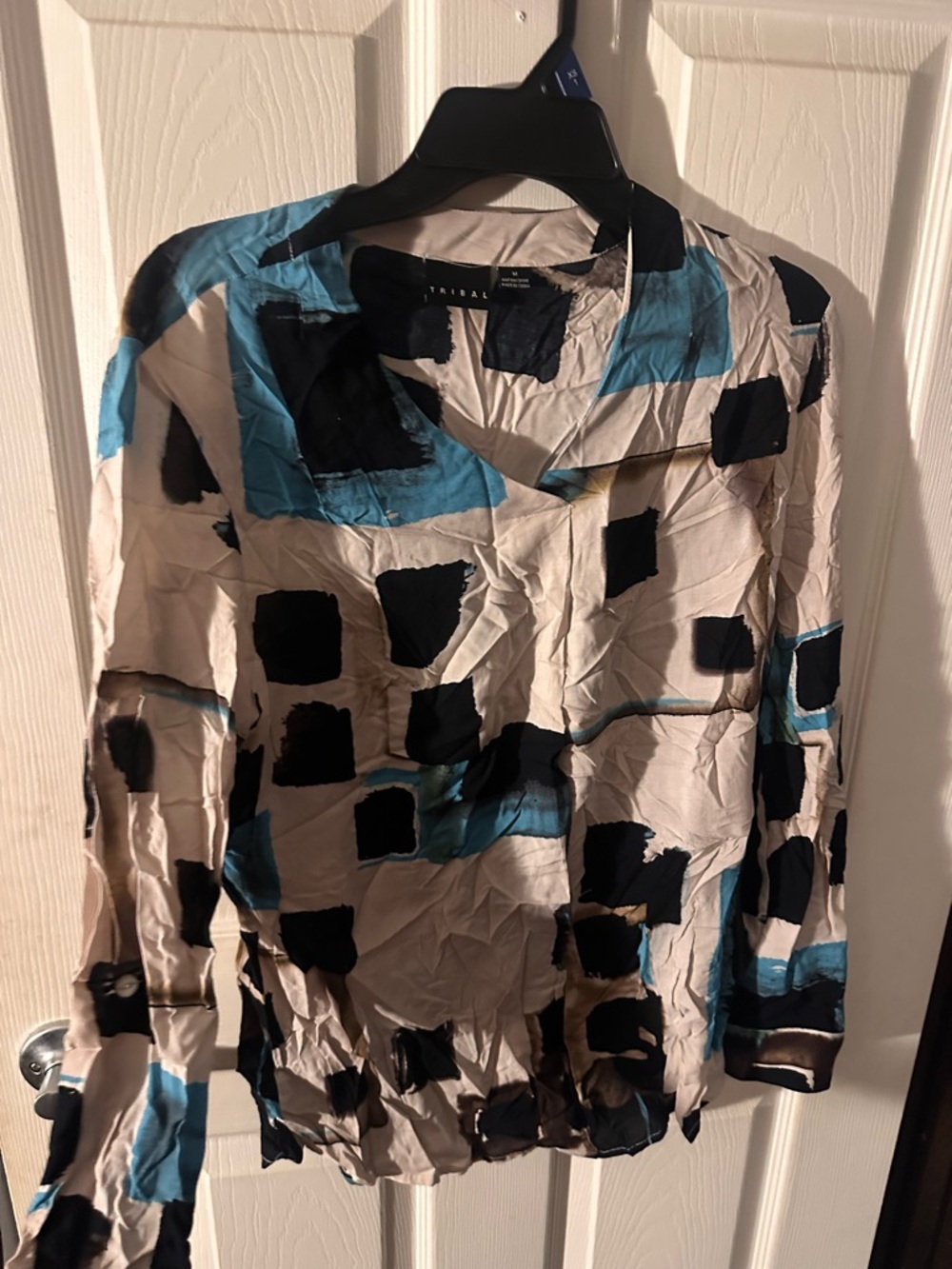 Tribal Cream, Blue & Black Abstract Print Women's Jacket